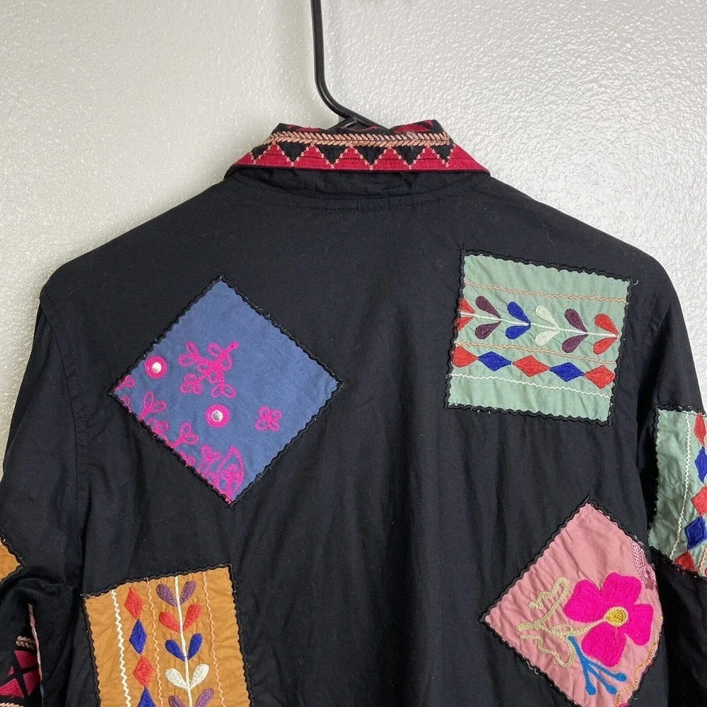 Anu by Natural Floral Jacket Large Womens Black Pink Embroidered Boho Patchwork